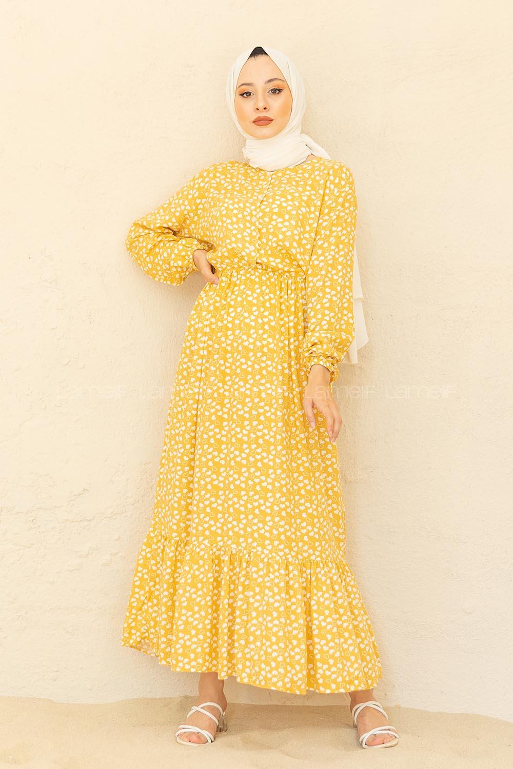 Modalamelif Bel Büzgülü Kalp Desen Elbise Hardal Sarısı