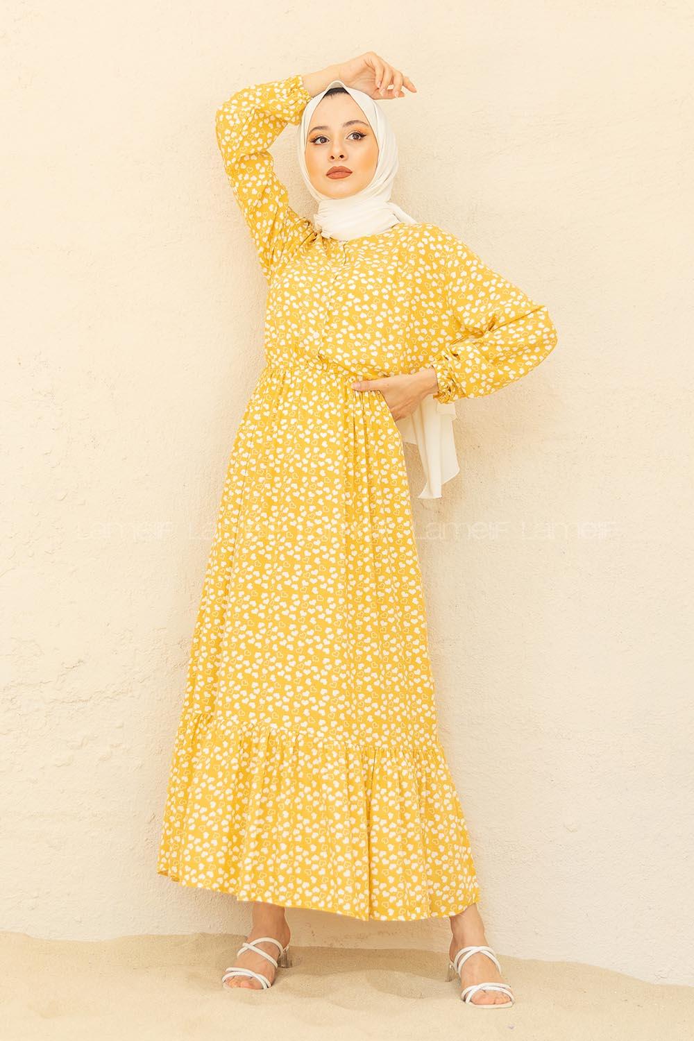 Modalamelif Bel Büzgülü Kalp Desen Elbise Hardal Sarısı