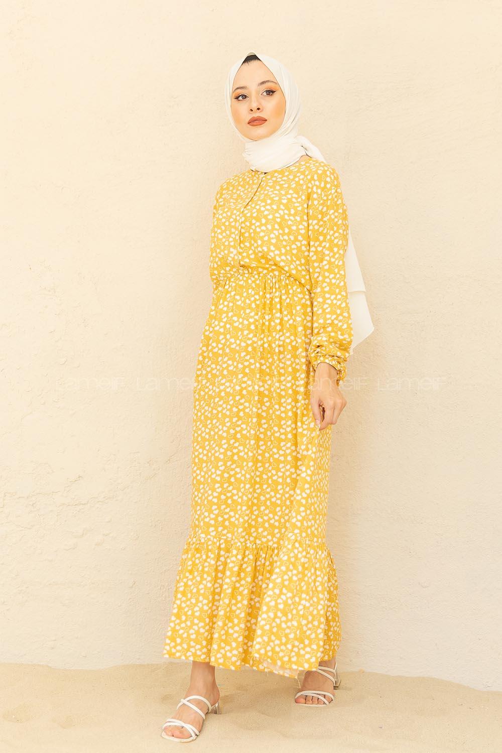 Modalamelif Bel Büzgülü Kalp Desen Elbise Hardal Sarısı