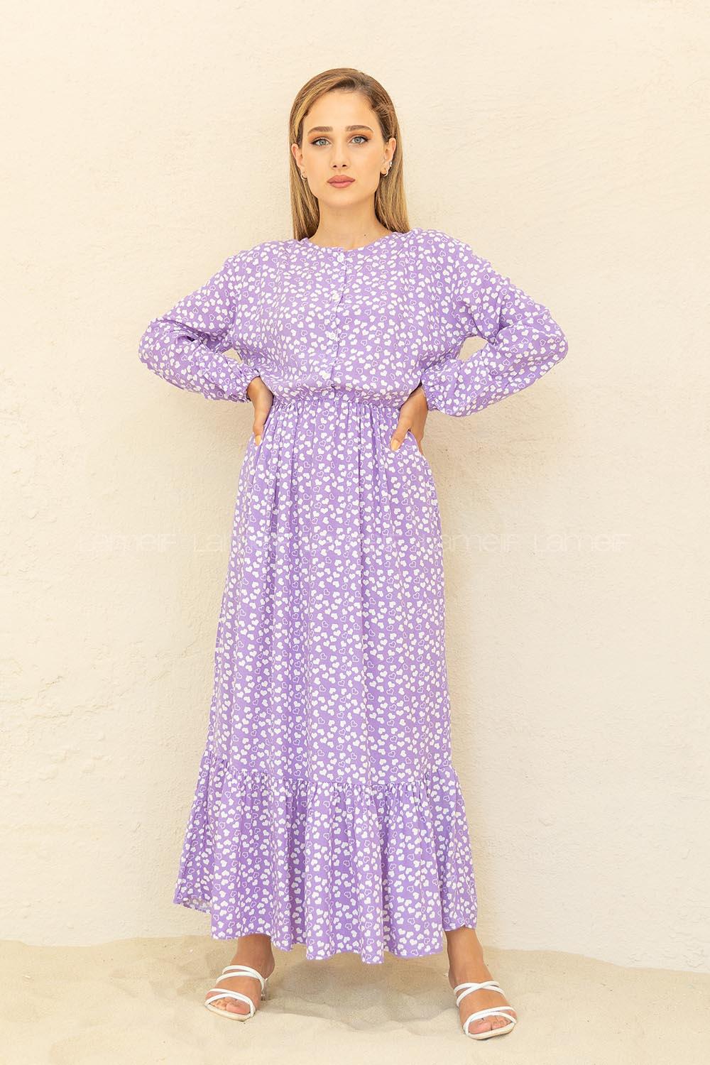 Modalamelif Bel Büzgülü Kalp Desen Elbise Lila