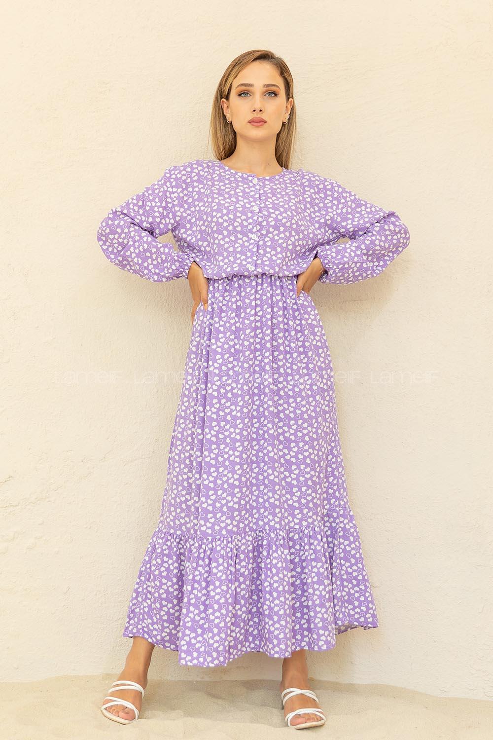 Modalamelif Bel Büzgülü Kalp Desen Elbise Lila