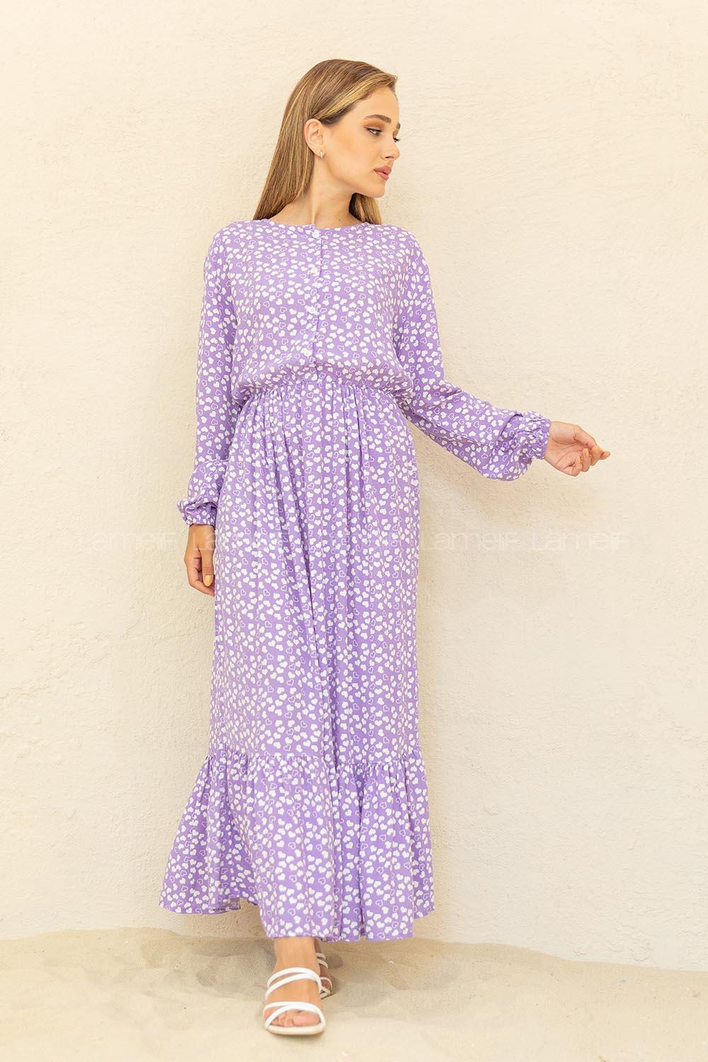 Modalamelif Bel Büzgülü Kalp Desen Elbise Lila