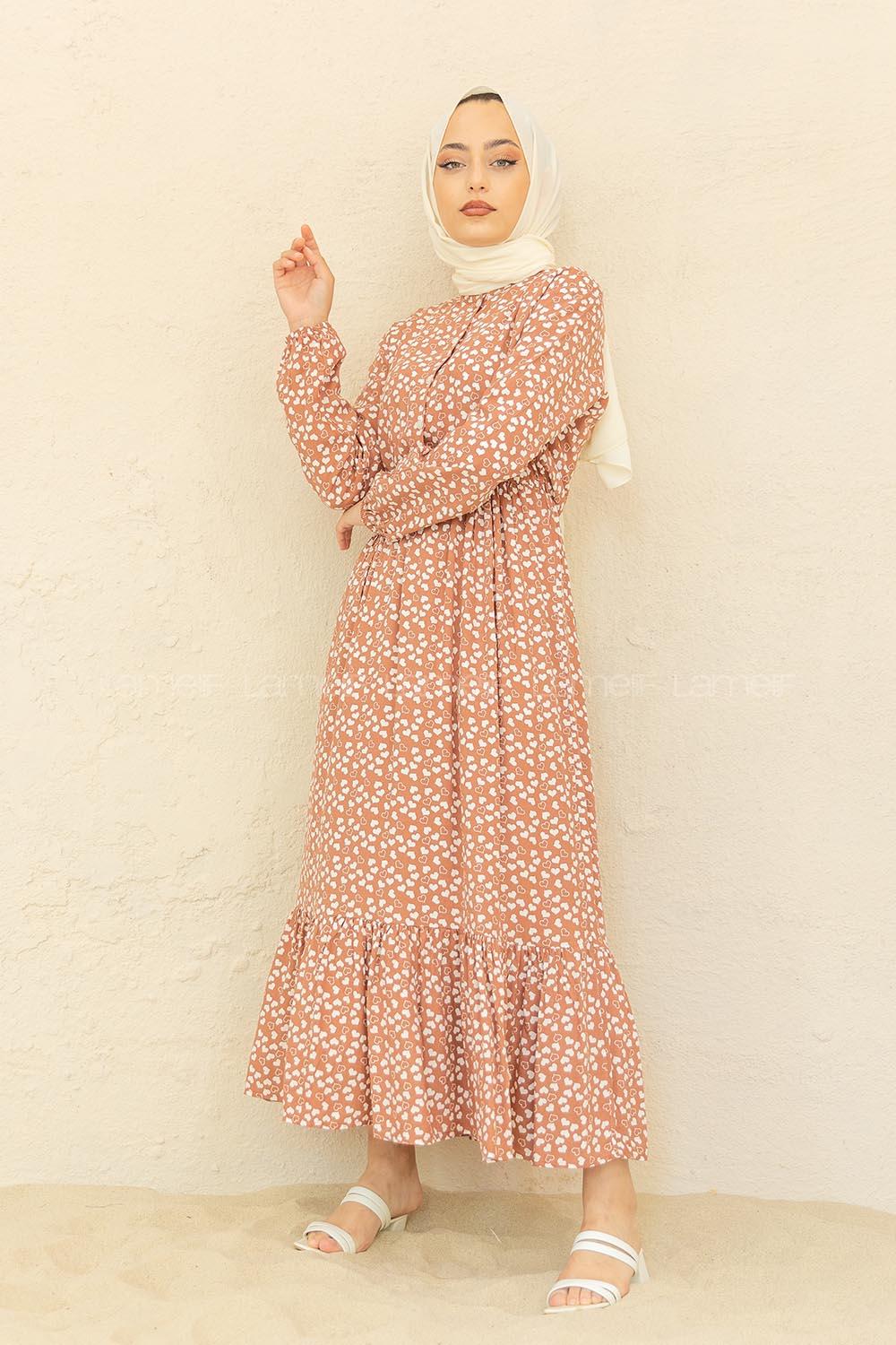 Modalamelif Bel Büzgülü Kalp Desen Elbise Soft Kahve