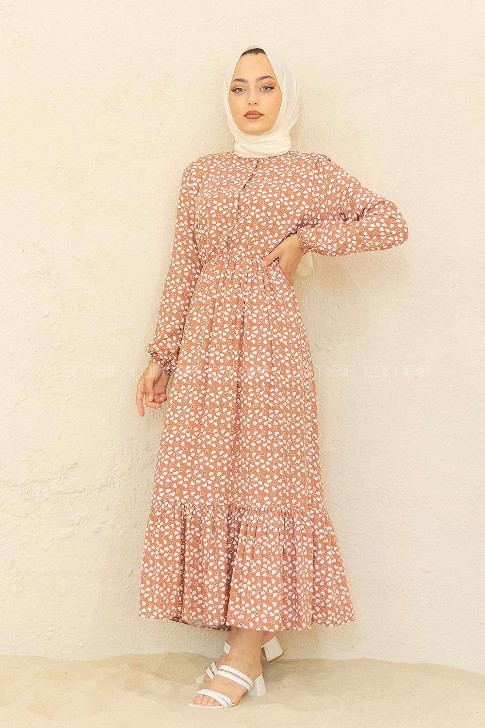 Modalamelif Bel Büzgülü Kalp Desen Elbise Soft Kahve