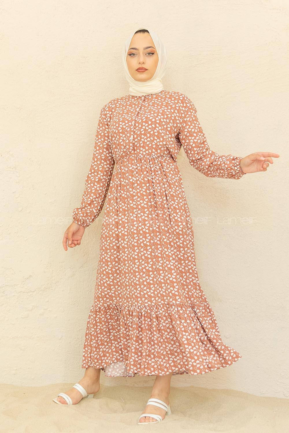 Modalamelif Bel Büzgülü Kalp Desen Elbise Soft Kahve