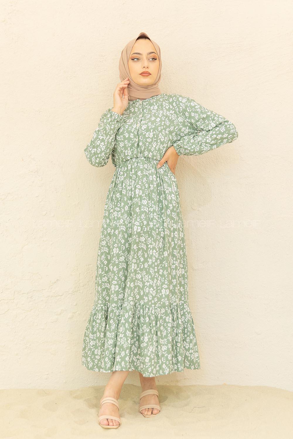 Modalamelif Bel Büzgülü Papatya Desen Elbise Çağla Yeşili