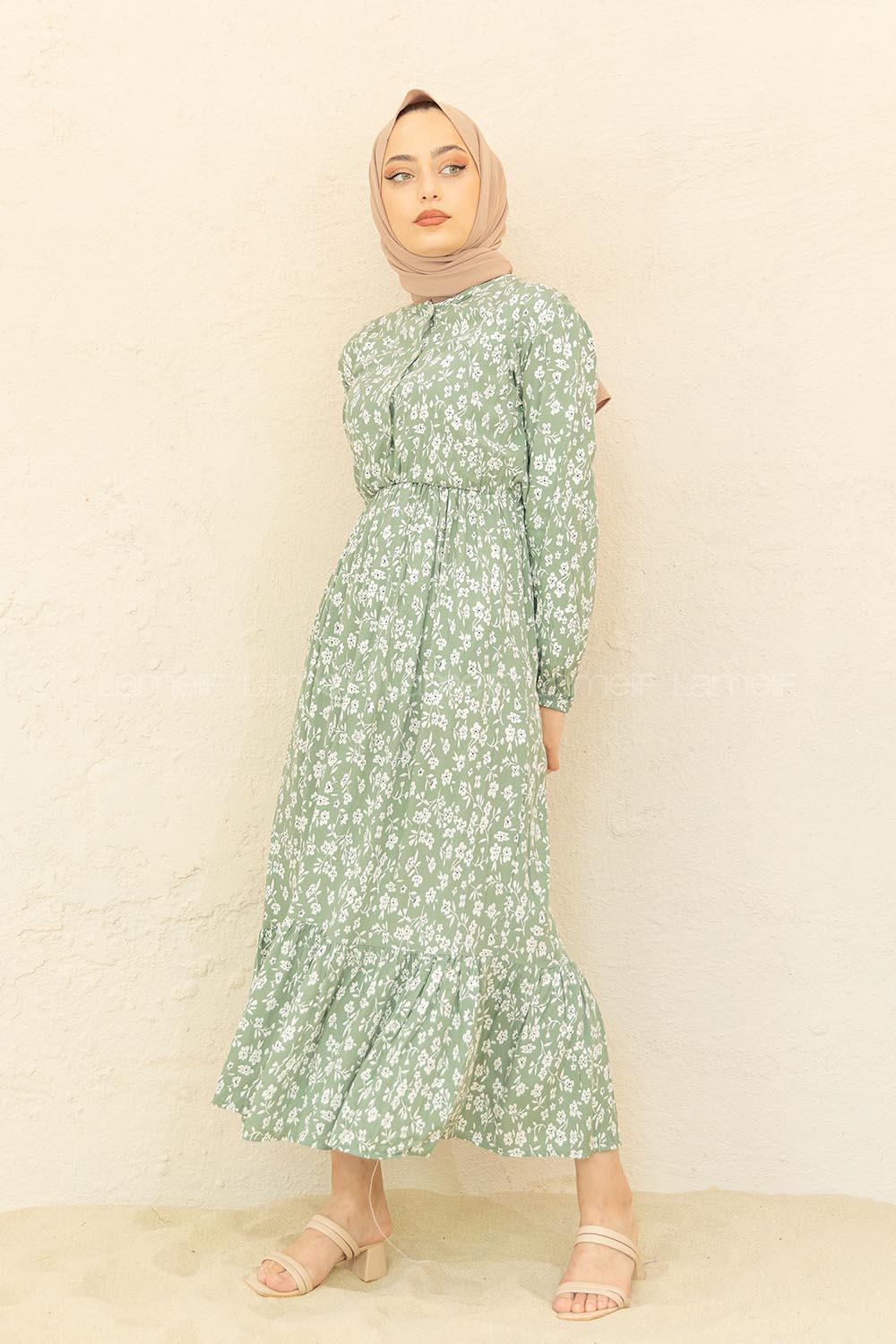 Modalamelif Bel Büzgülü Papatya Desen Elbise Çağla Yeşili