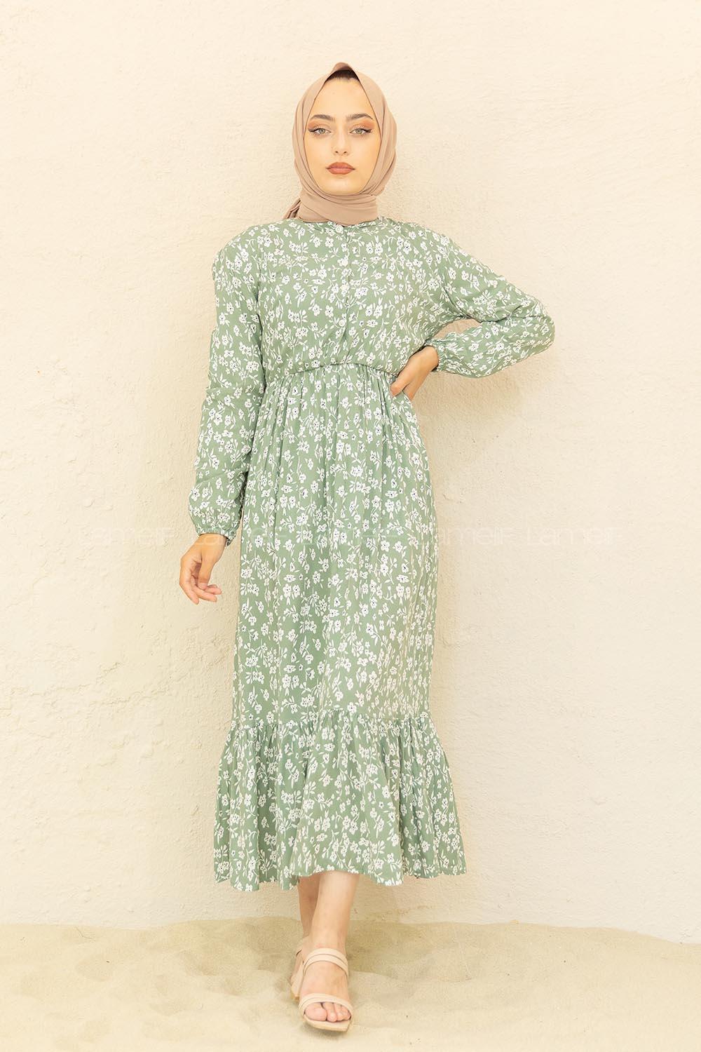 Modalamelif Bel Büzgülü Papatya Desen Elbise Çağla Yeşili