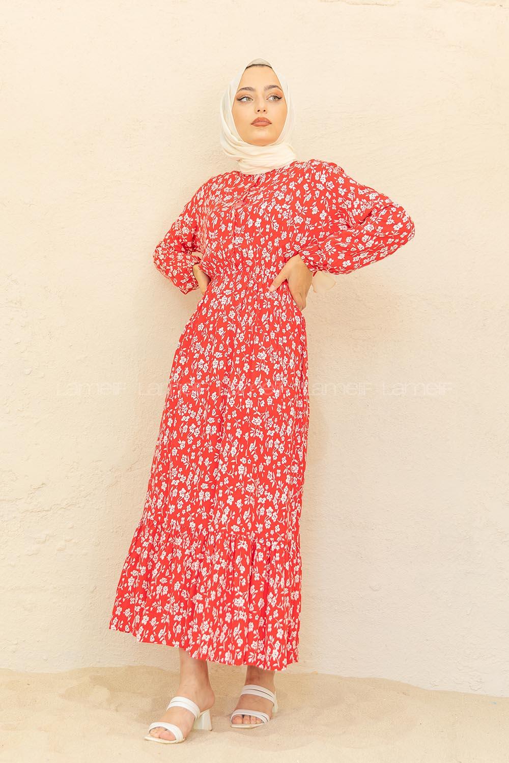 Modalamelif Bel Büzgülü Papatya Desen Elbise Kırmızı