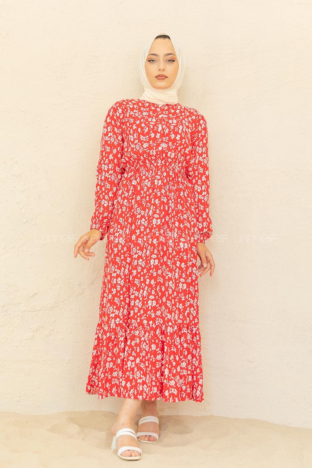 Modalamelif Bel Büzgülü Papatya Desen Elbise Kırmızı