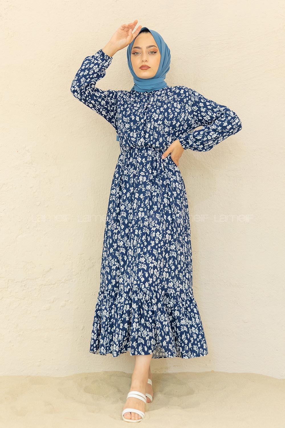 Modalamelif Bel Büzgülü Papatya Desen Elbise Lacivert