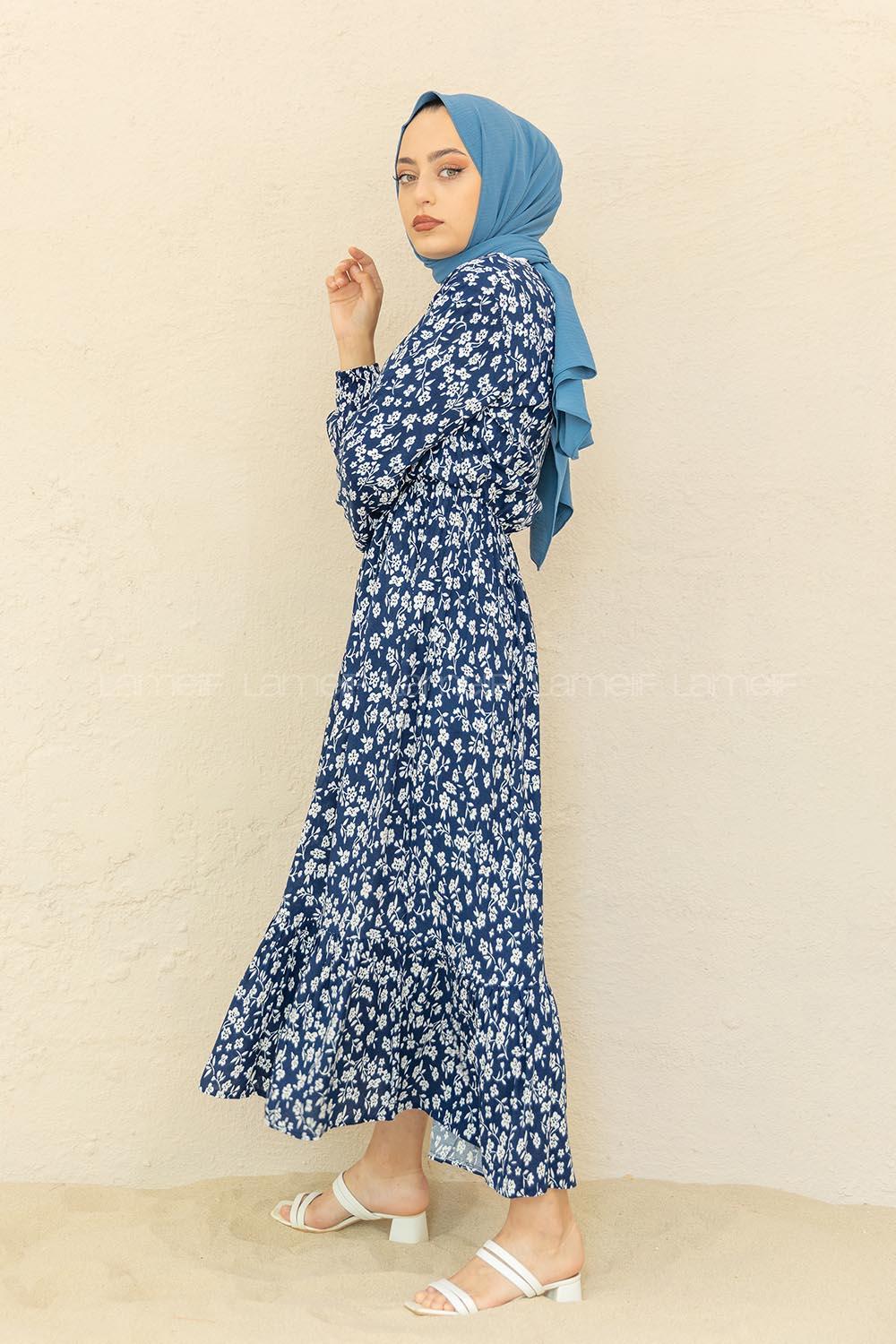 Modalamelif Bel Büzgülü Papatya Desen Elbise Lacivert