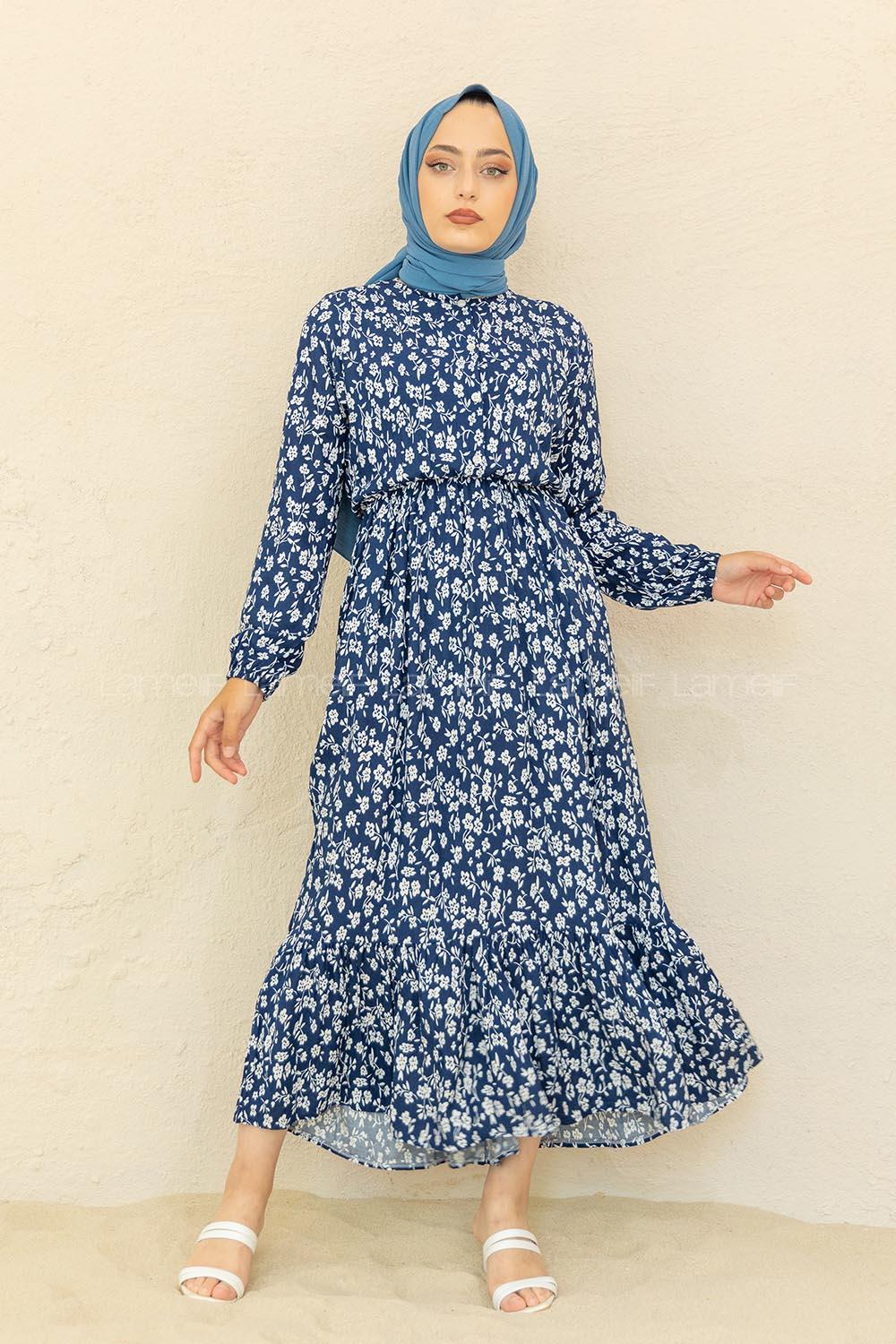 Modalamelif Bel Büzgülü Papatya Desen Elbise Lacivert