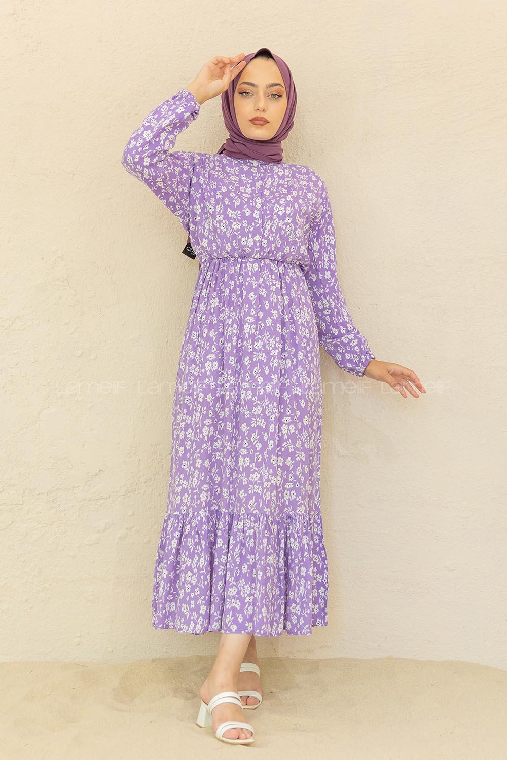 Modalamelif Bel Büzgülü Papatya Desen Elbise Lila