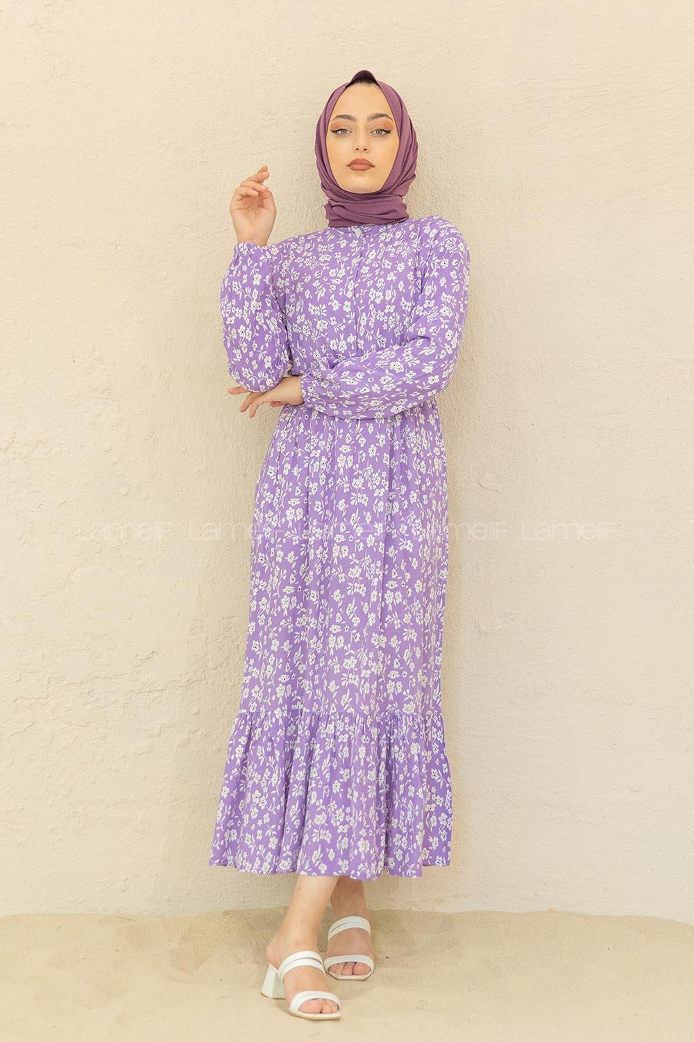 Modalamelif Bel Büzgülü Papatya Desen Elbise Lila