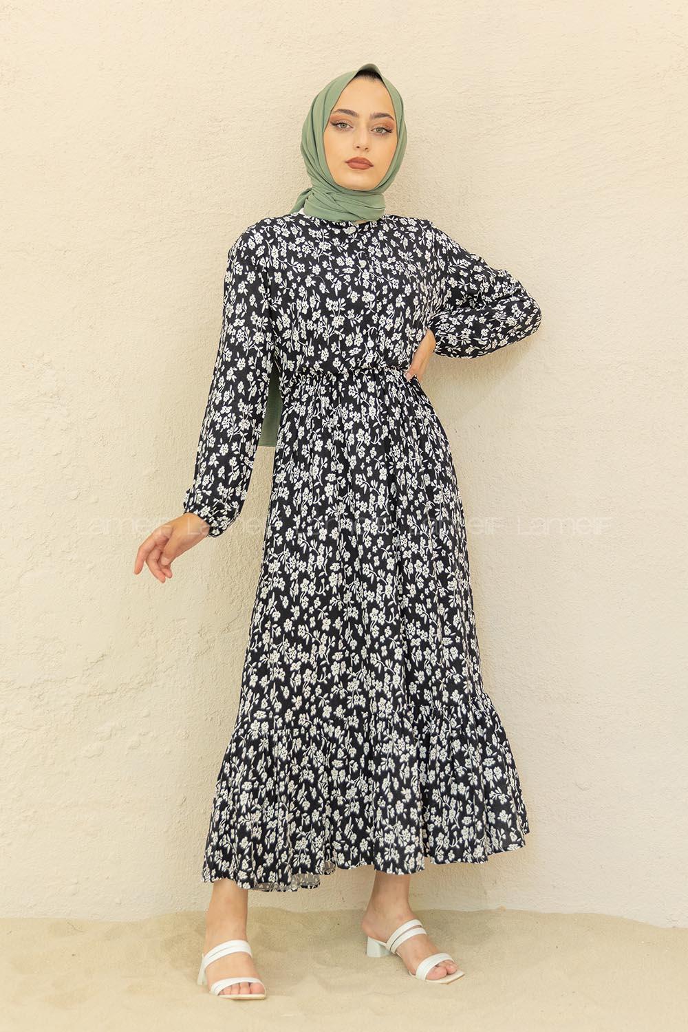 Modalamelif Bel Büzgülü Papatya Desen Elbise Siyah