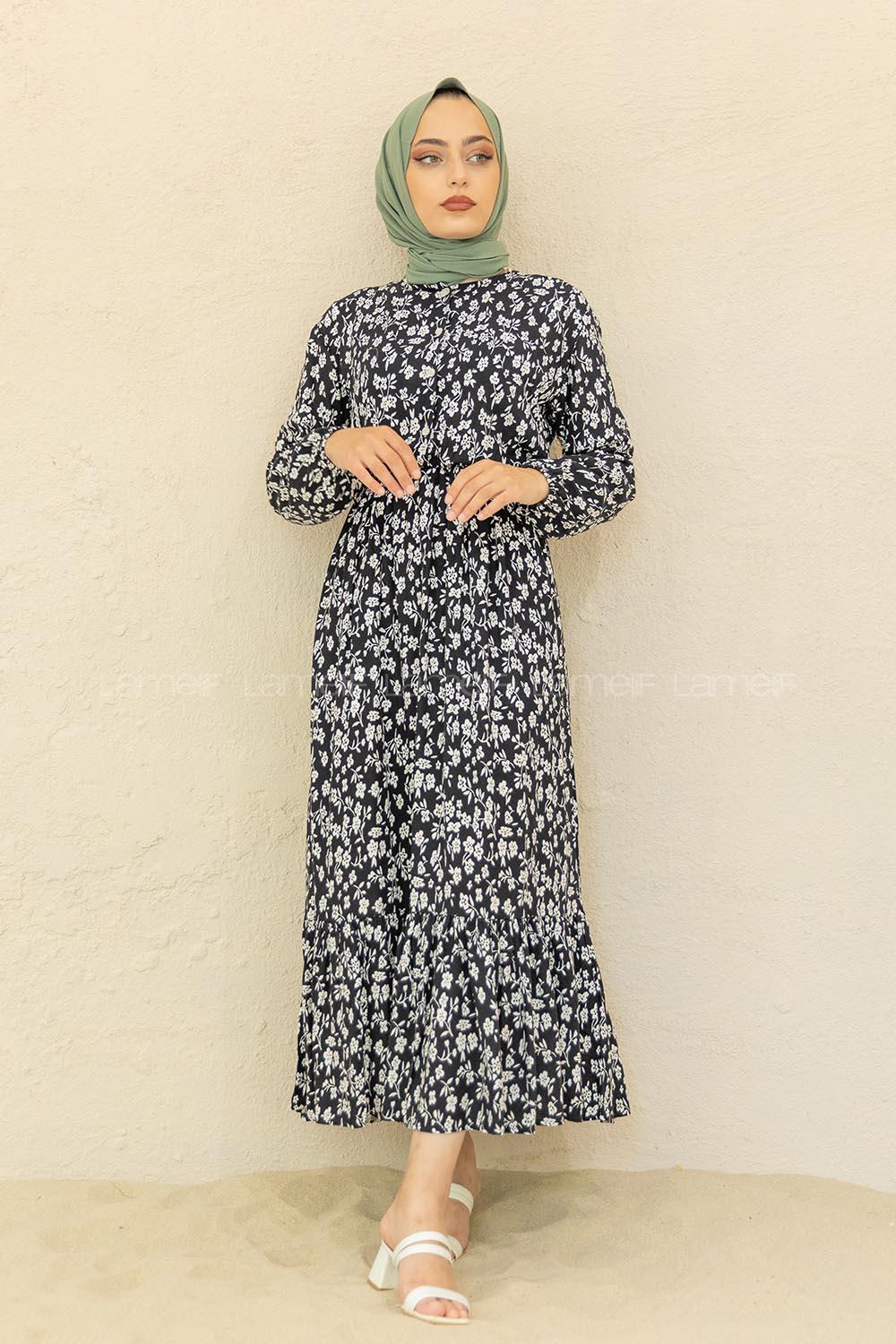 Modalamelif Bel Büzgülü Papatya Desen Elbise Siyah