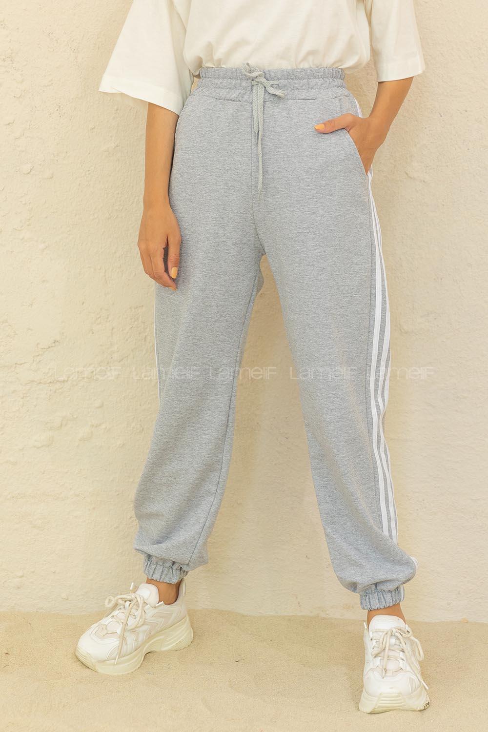 Modalamelif Bel Ve Paça Lastikli Şeritli Üç İplik Eşofman Gri