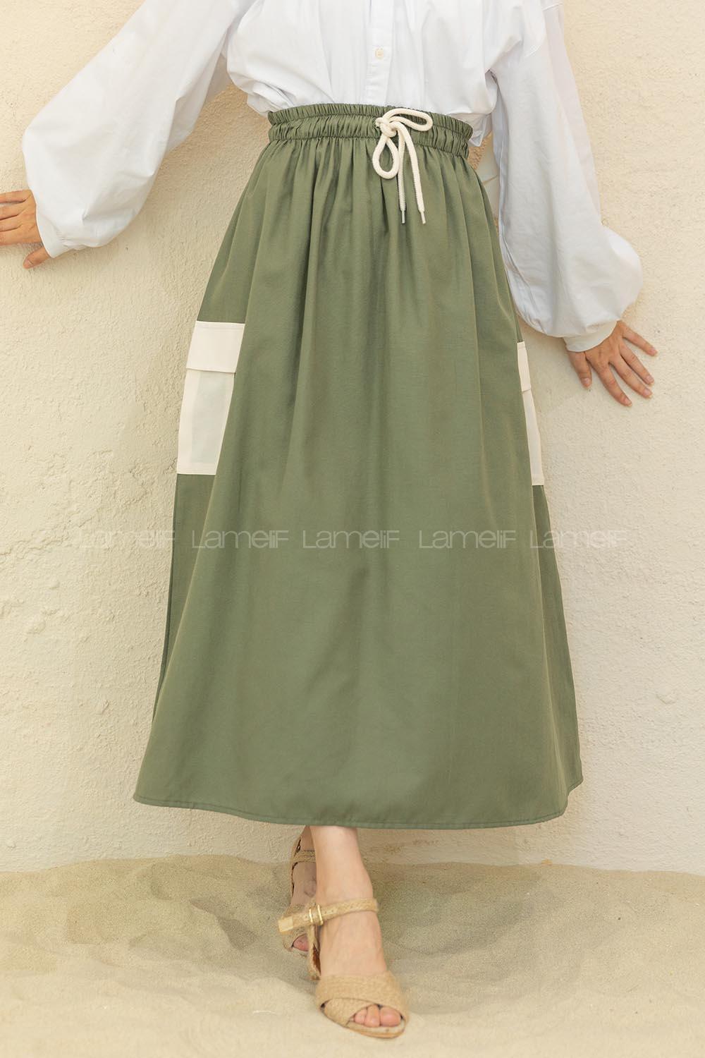 Modalamelif Beli Lastikli Cep Garnili Etek Haki