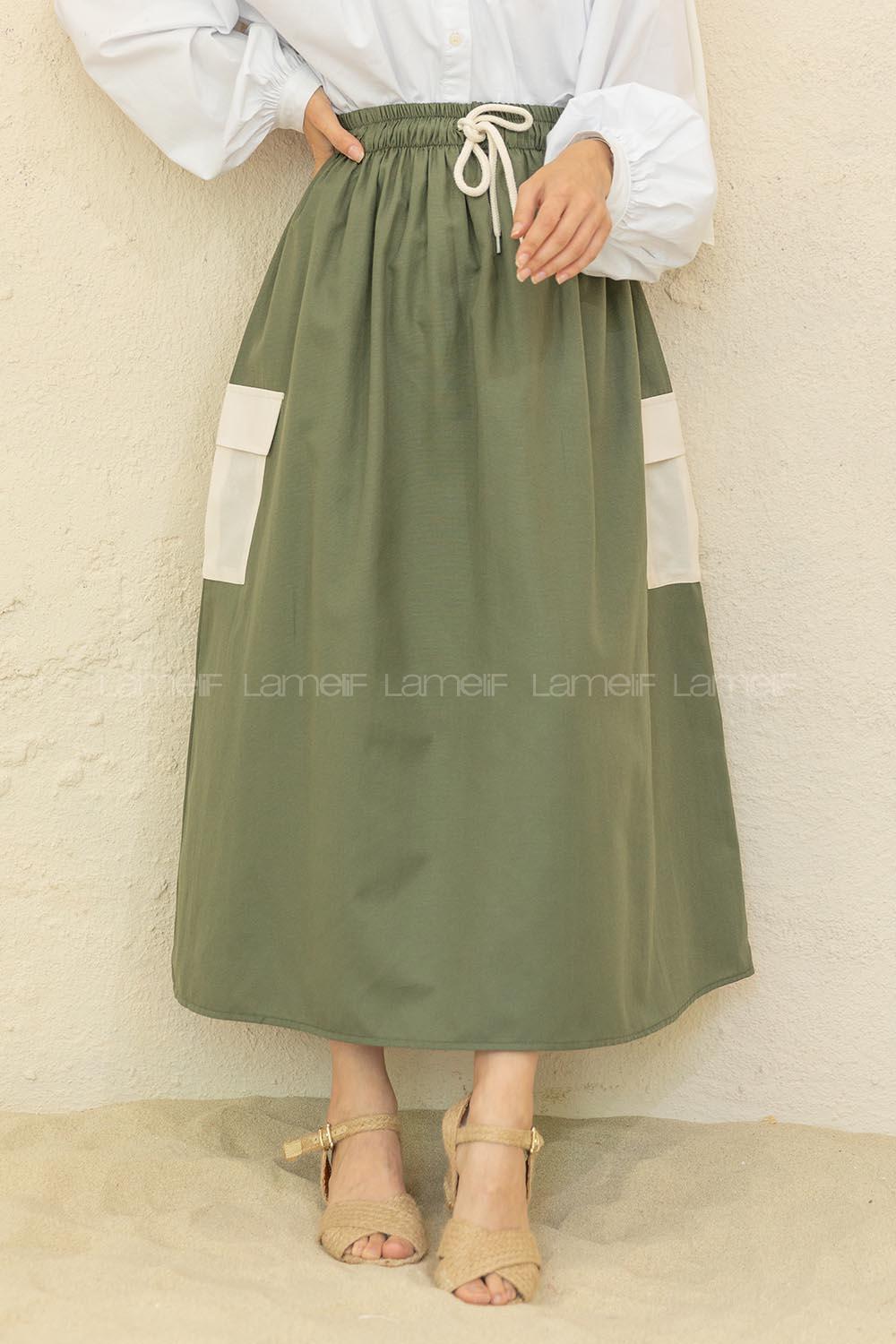 Modalamelif Beli Lastikli Cep Garnili Etek Haki