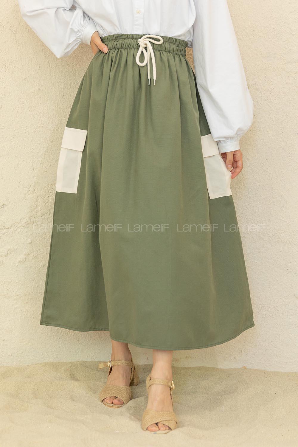 Modalamelif Beli Lastikli Cep Garnili Etek Haki