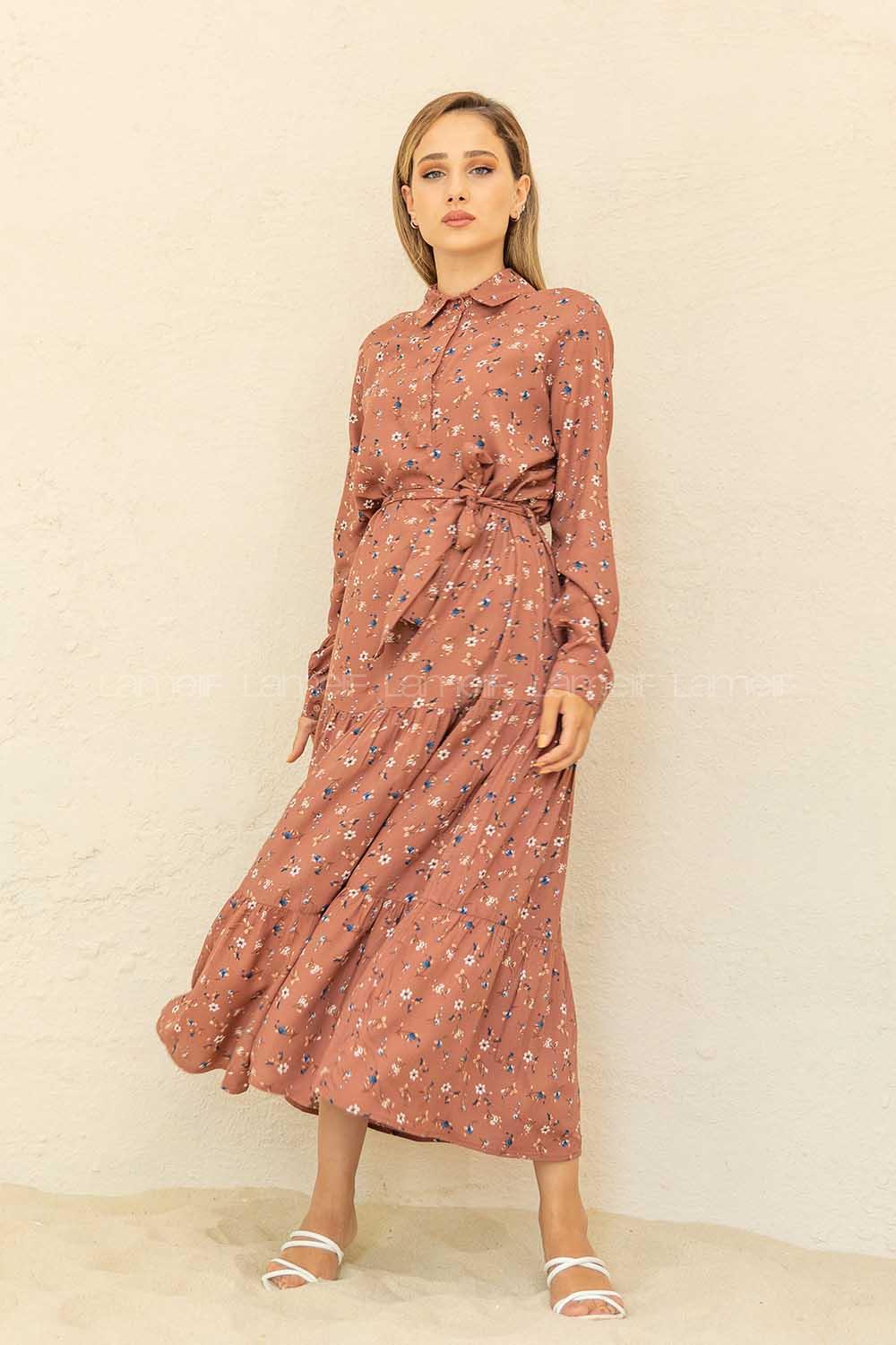 Modalamelif Çiçek Desenli Kuşaklı Elbise taba