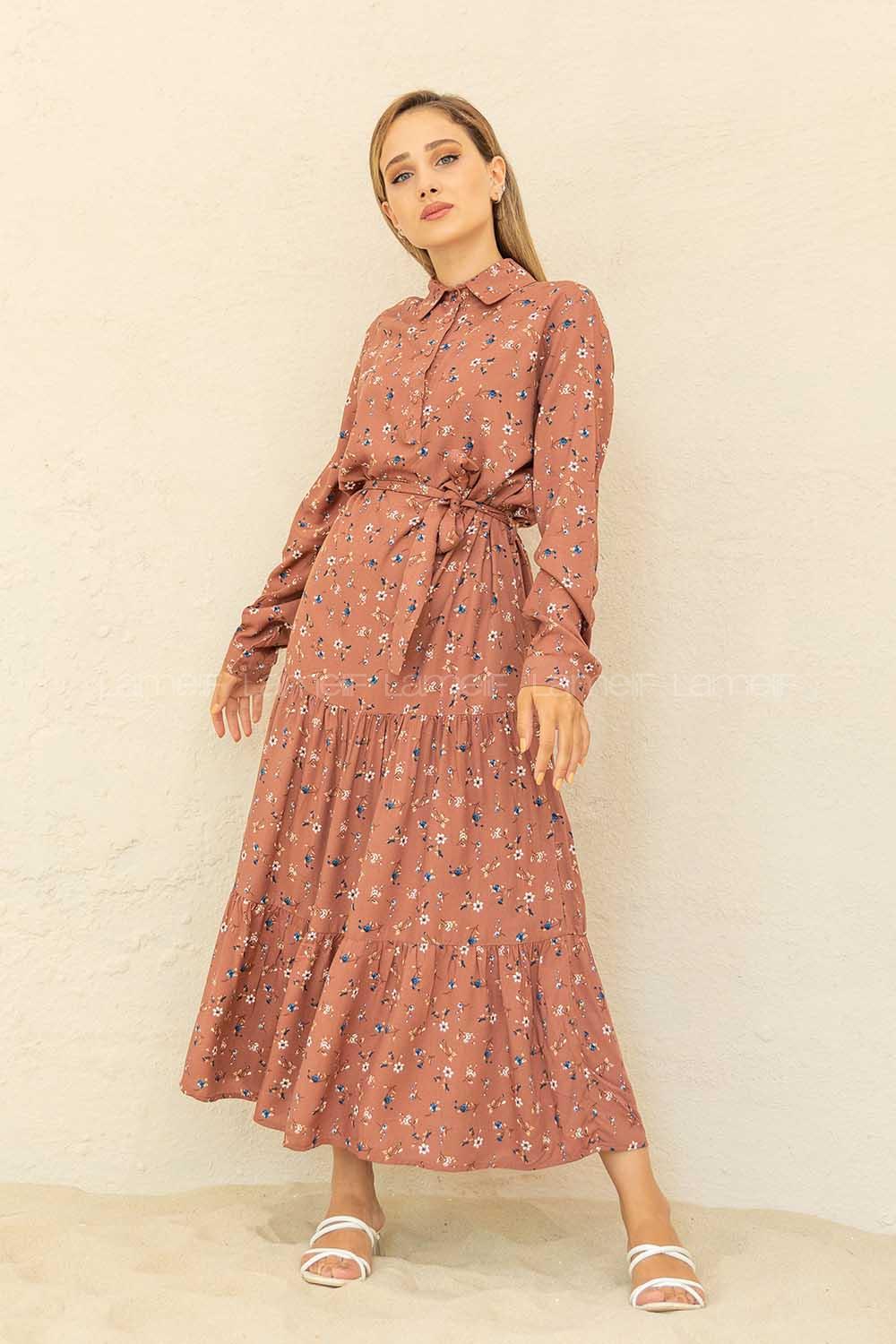 Modalamelif Çiçek Desenli Kuşaklı Elbise taba