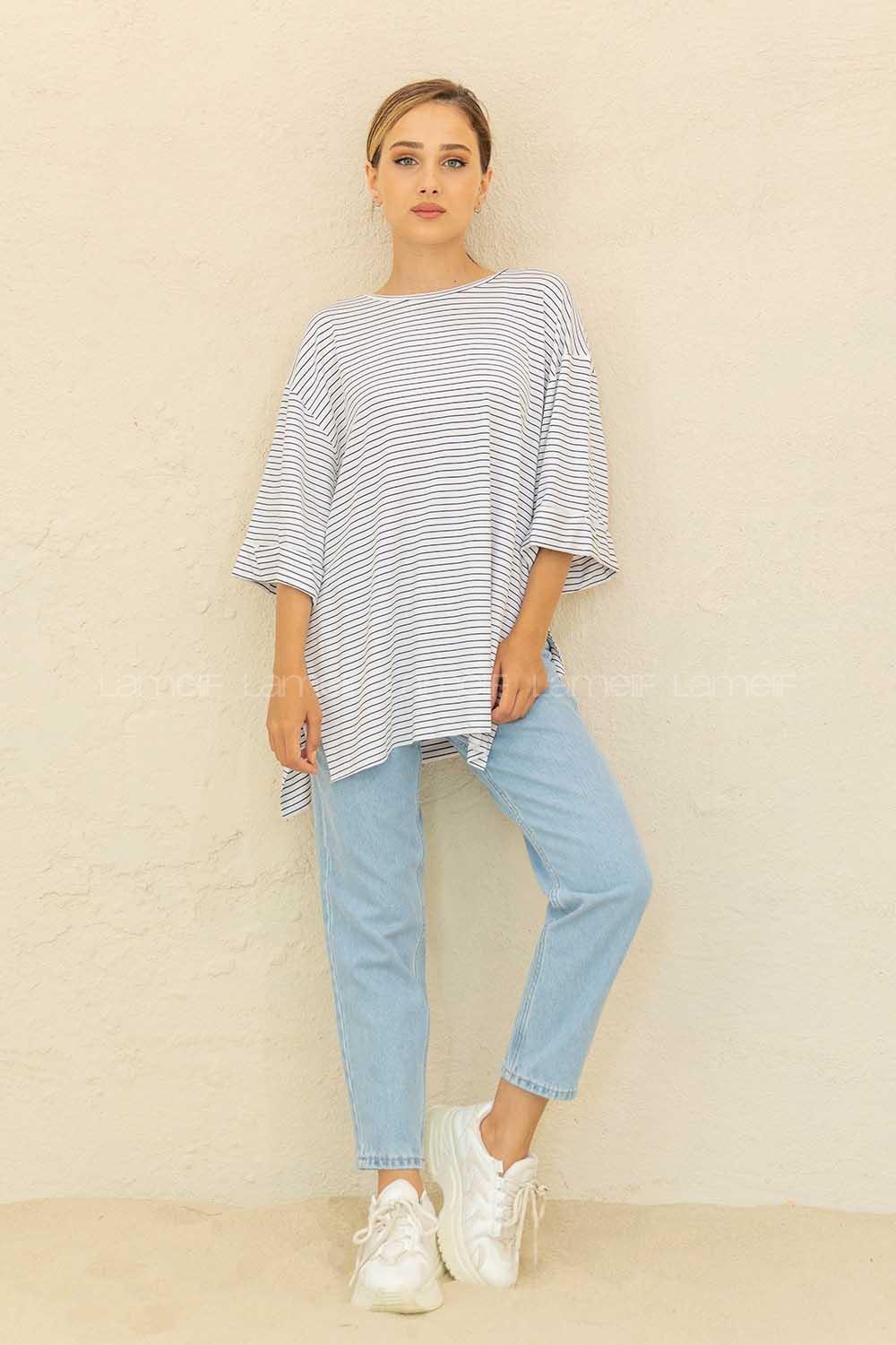 Modalamelif Çizgili T-Shirt Beyaz