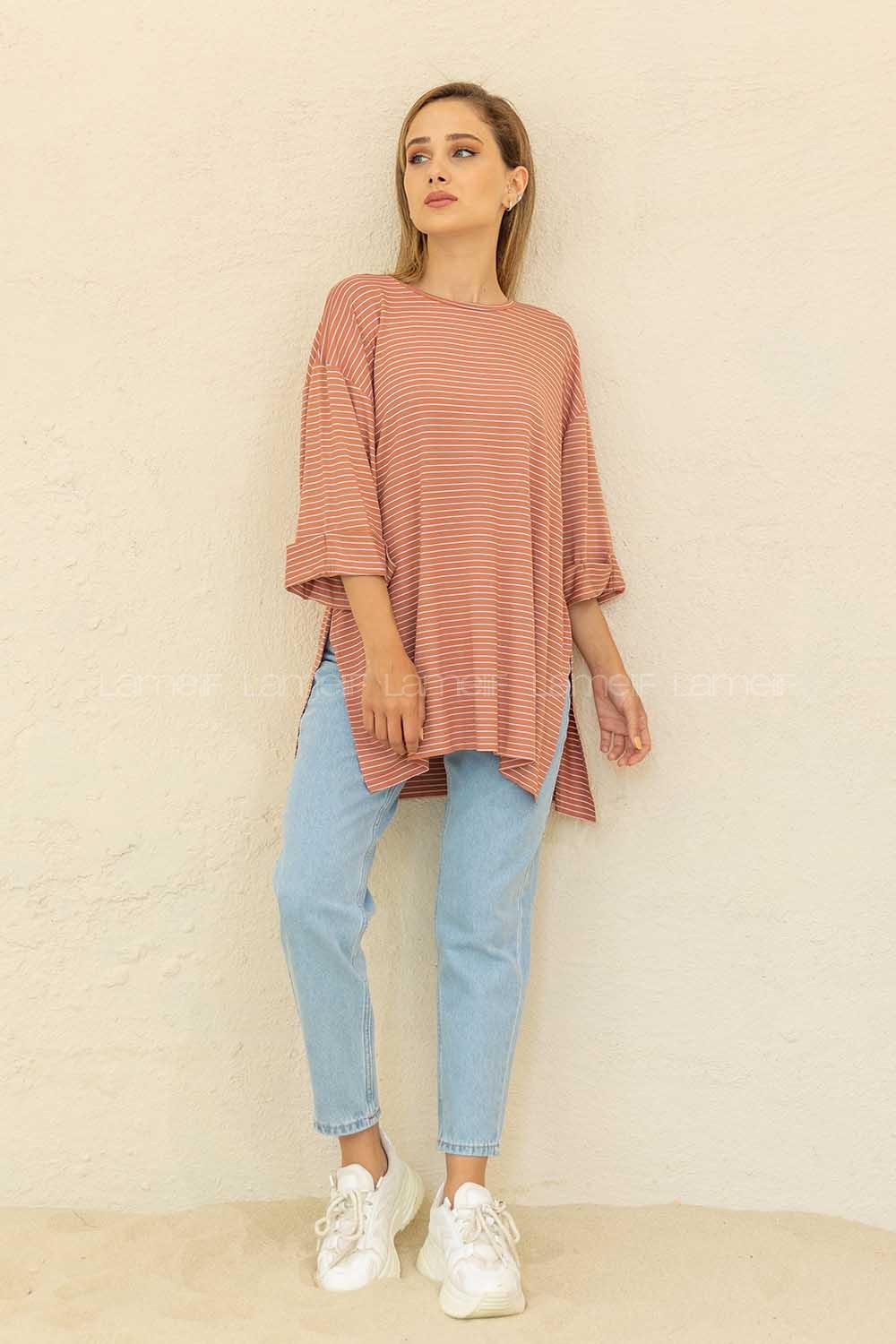 Modalamelif Çizgili T-Shirt Gül