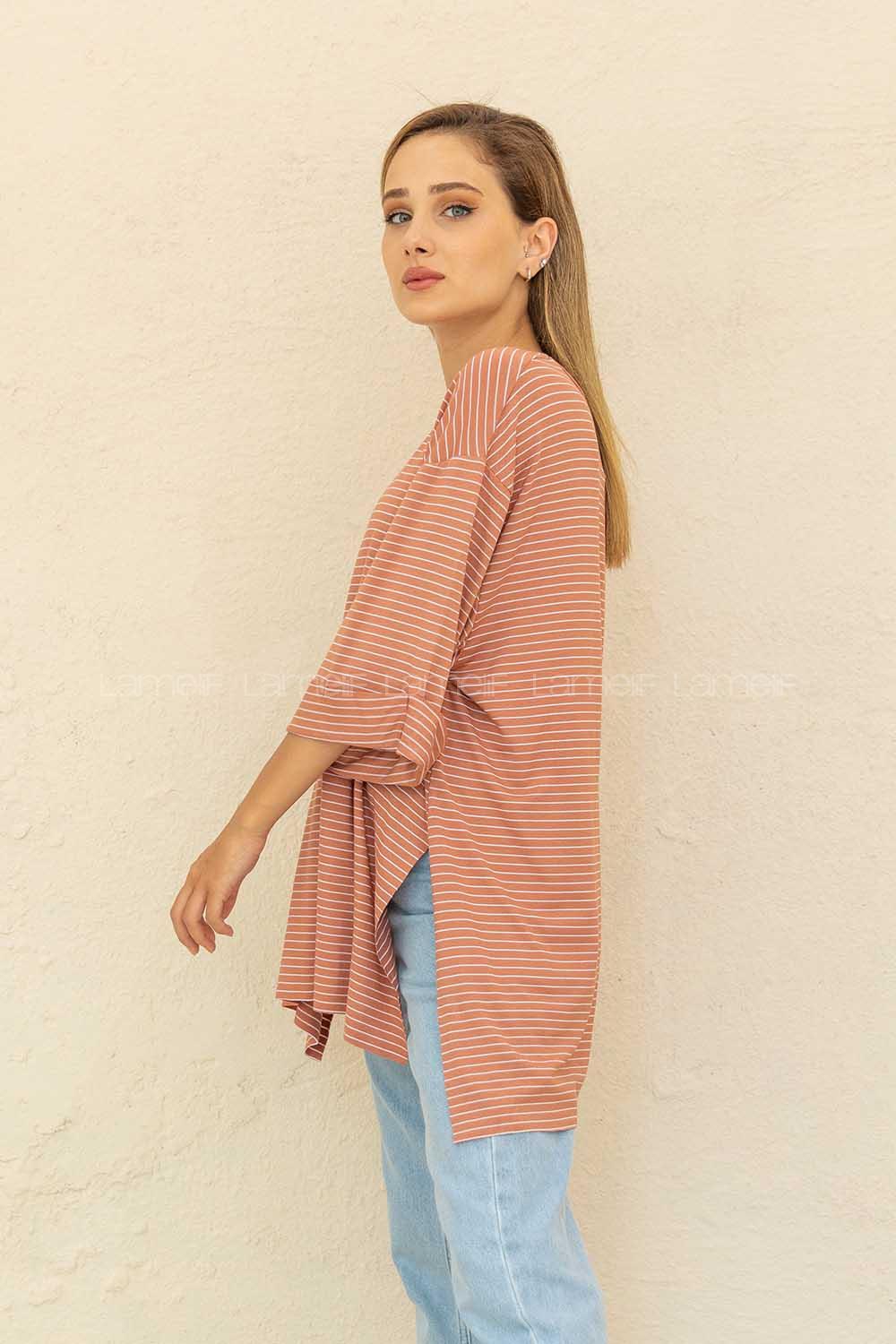 Modalamelif Çizgili T-Shirt Gül