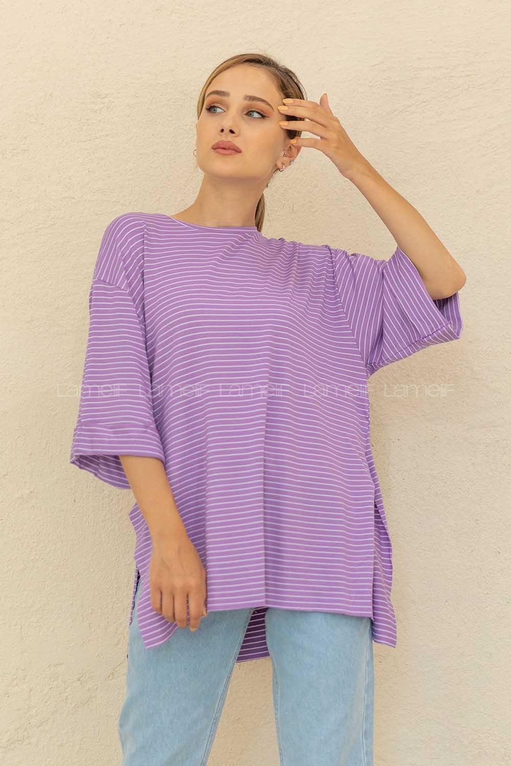 Modalamelif Çizgili T-Shirt Lila