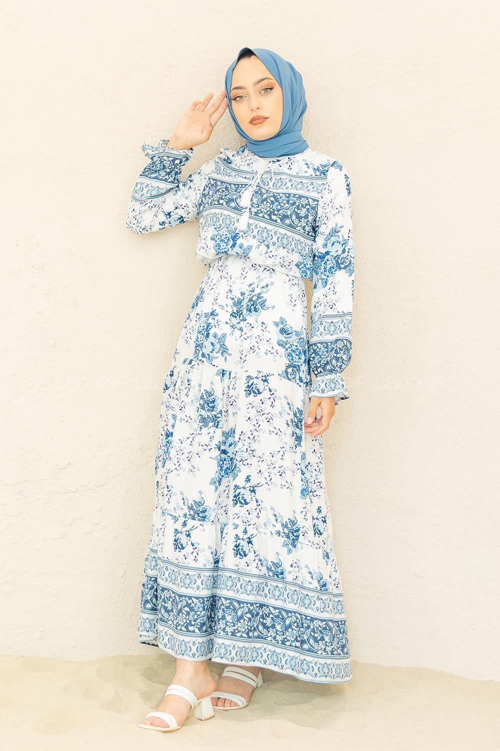 Modalamelif Kilim Desen  Elbise Mavi Ekru