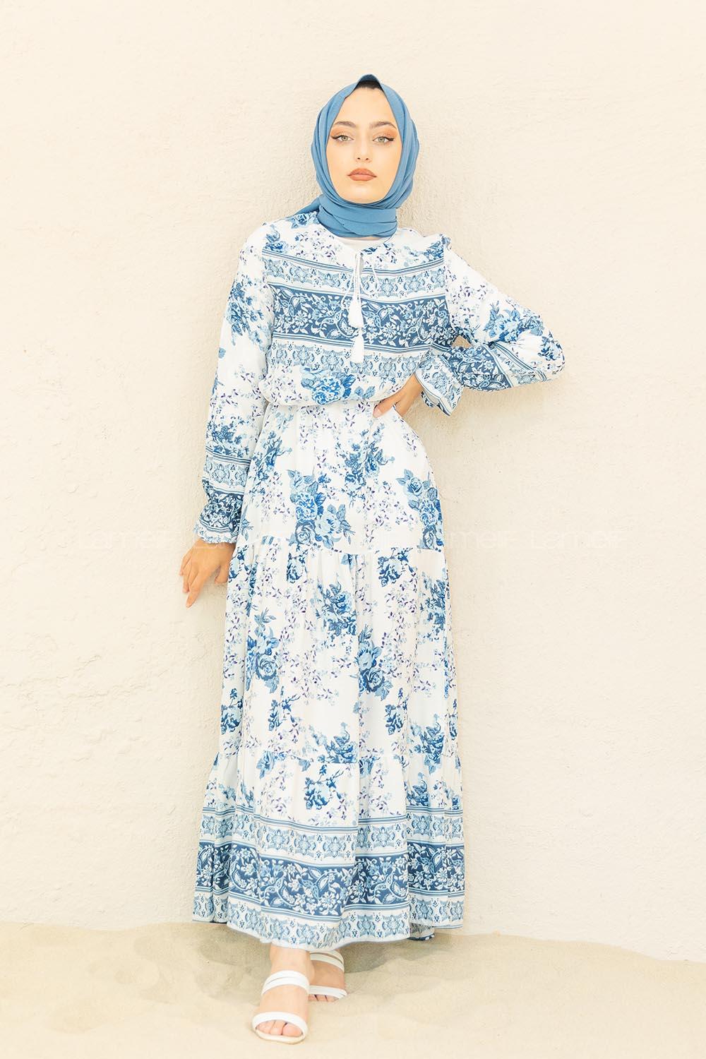 Modalamelif Kilim Desen  Elbise Mavi Ekru