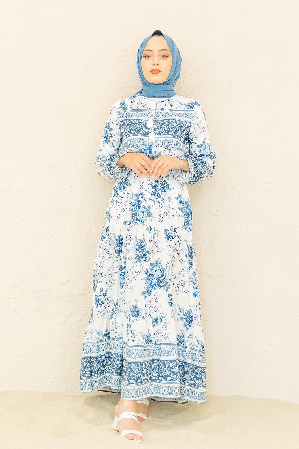 Modalamelif Kilim Desen  Elbise Mavi Ekru