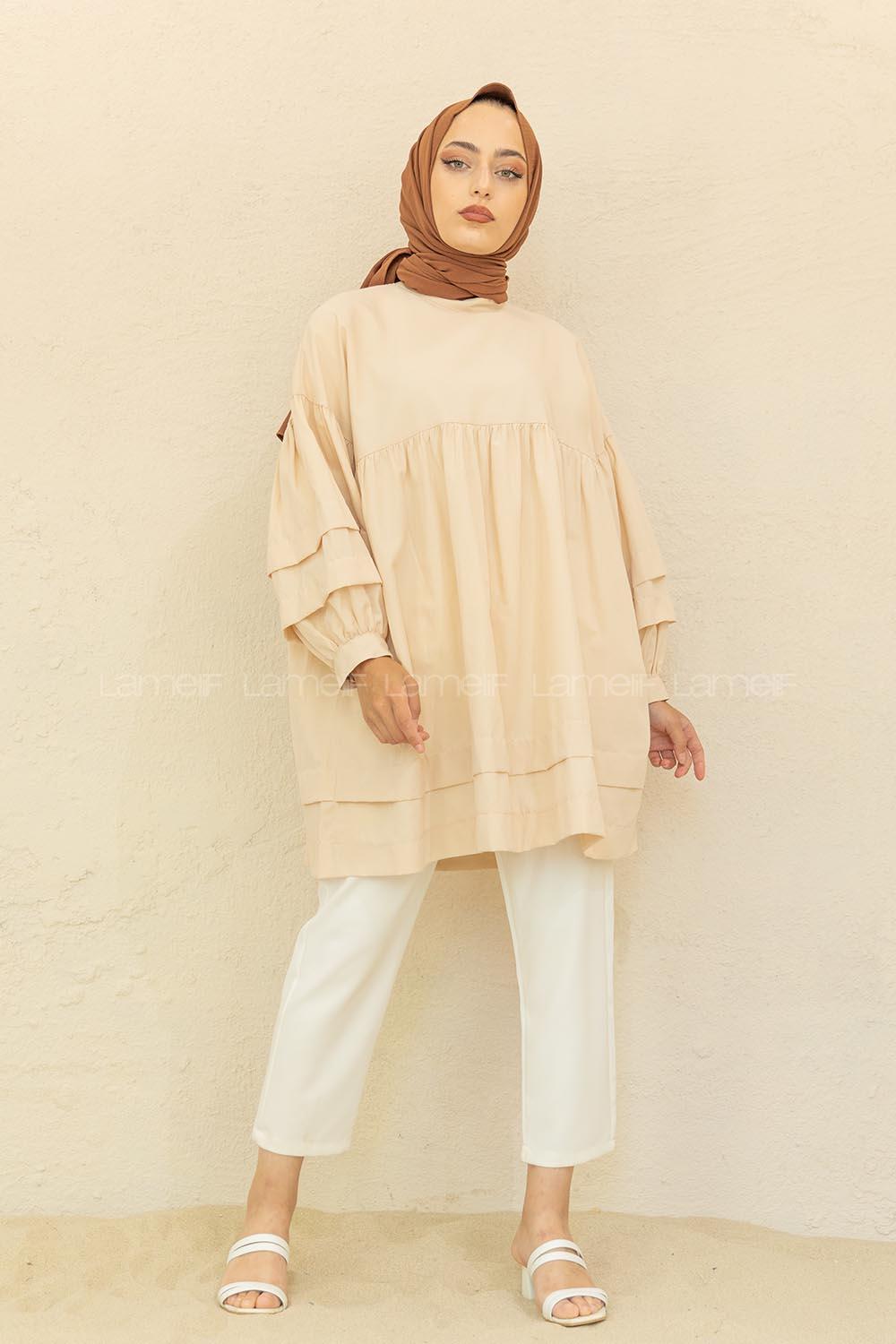 Modalamelif Kol Fırfırlı Tunik Krem