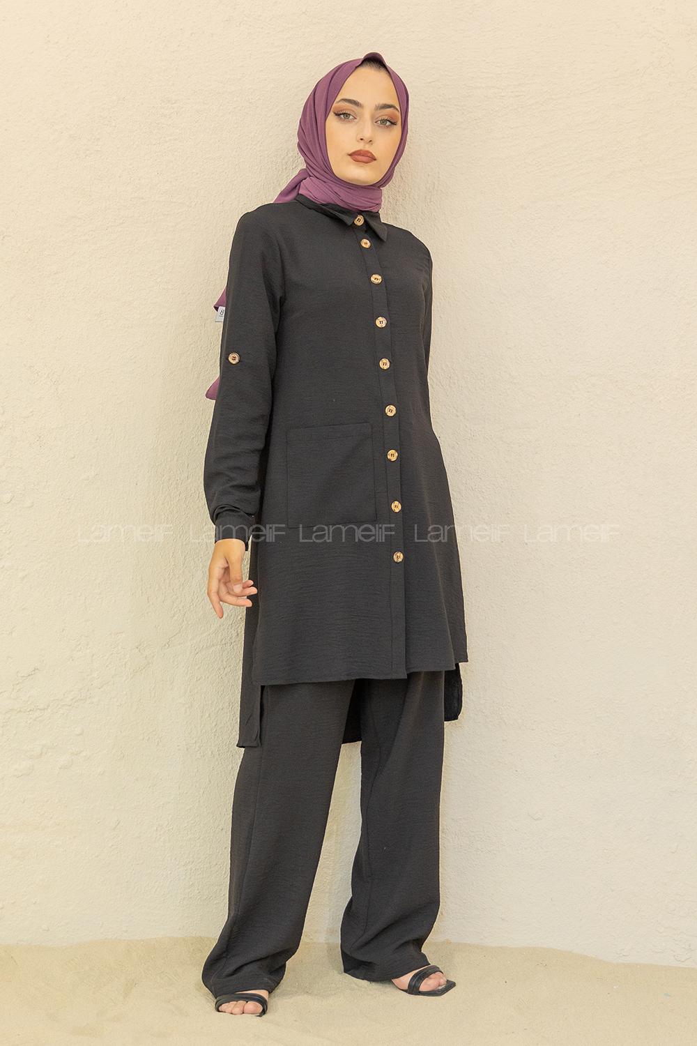 Modalamelif Önü Düğmeli İkili Ayrobin Takım Siyah