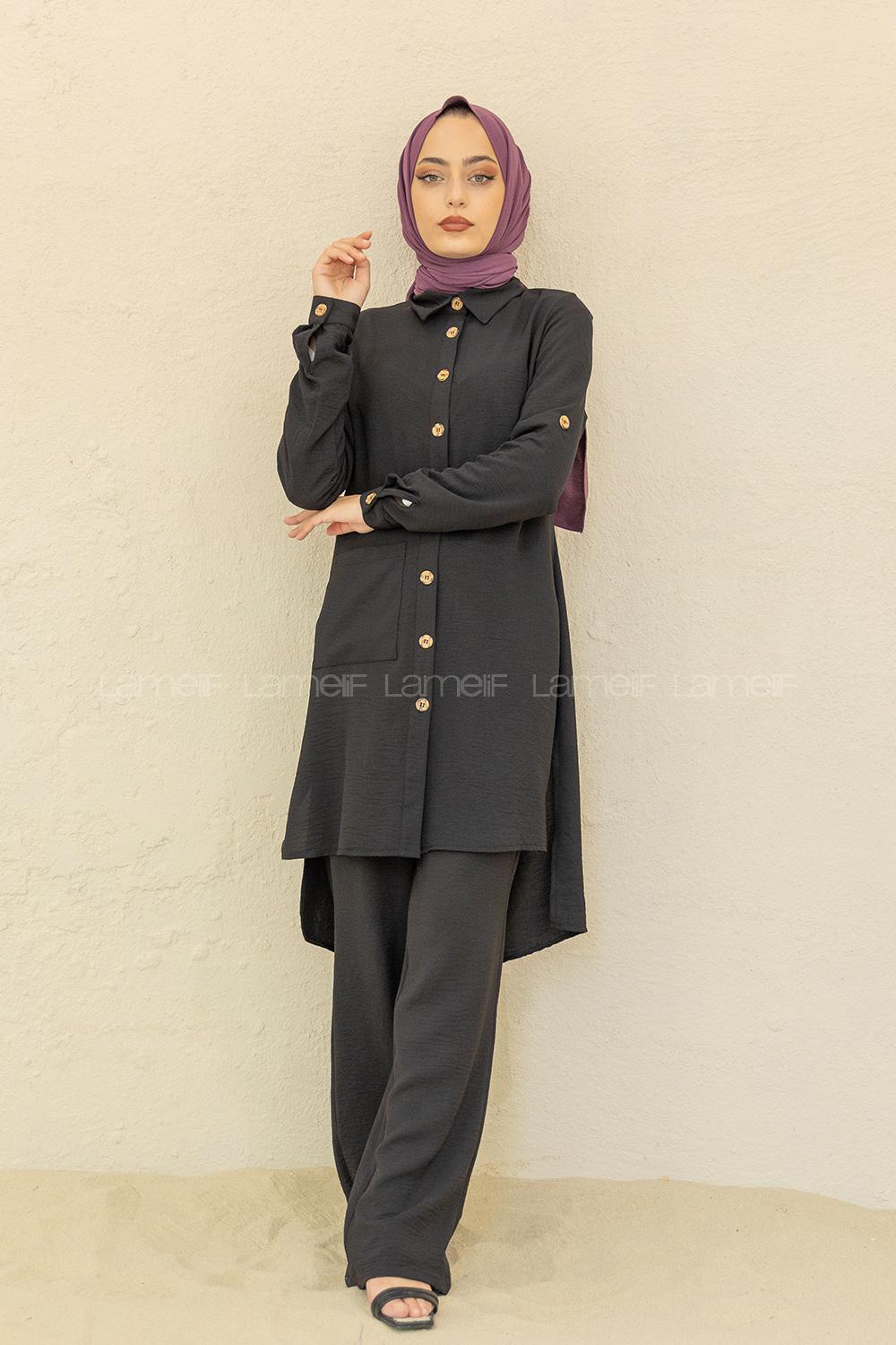 Modalamelif Önü Düğmeli İkili Ayrobin Takım Siyah