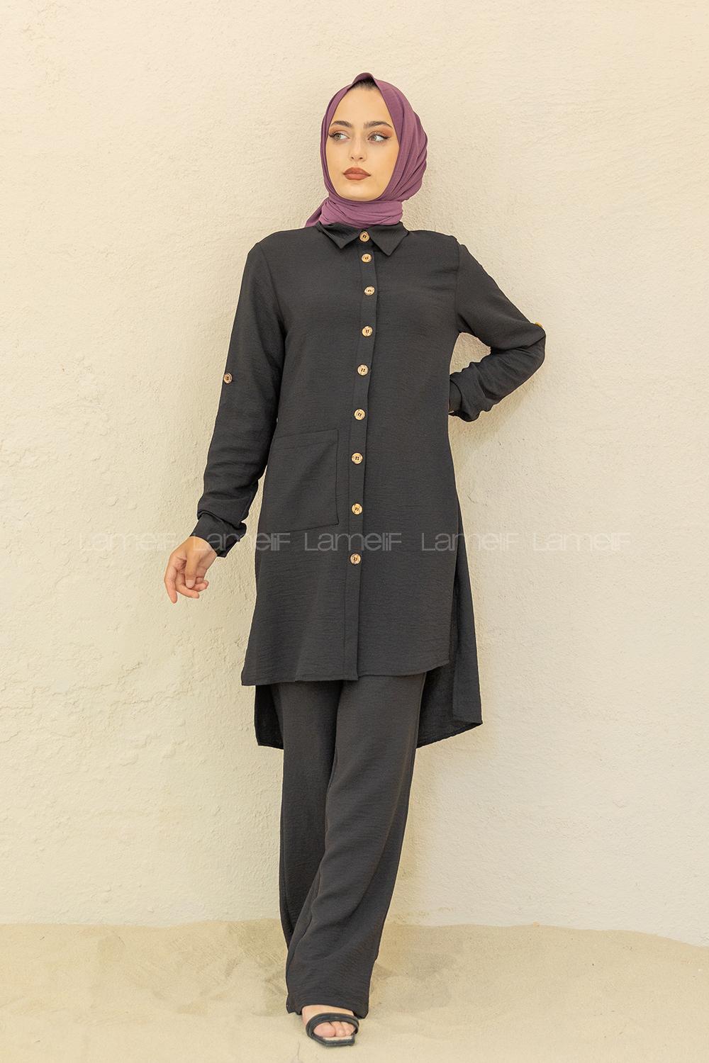 Modalamelif Önü Düğmeli İkili Ayrobin Takım Siyah