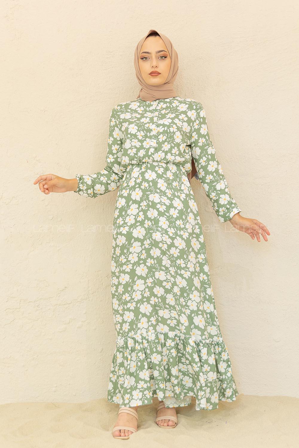 Modalamelif Papatya Desen  Elbise Ekru Çağla Yeşili