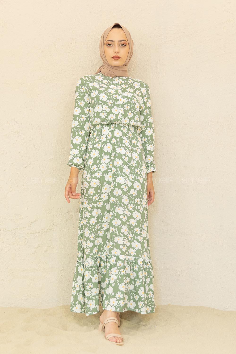 Modalamelif Papatya Desen  Elbise Ekru Çağla Yeşili