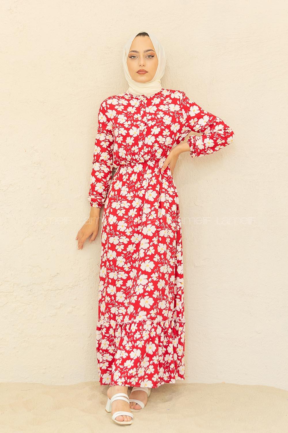 Modalamelif Papatya Desen  Elbise Ekru Kırmızı