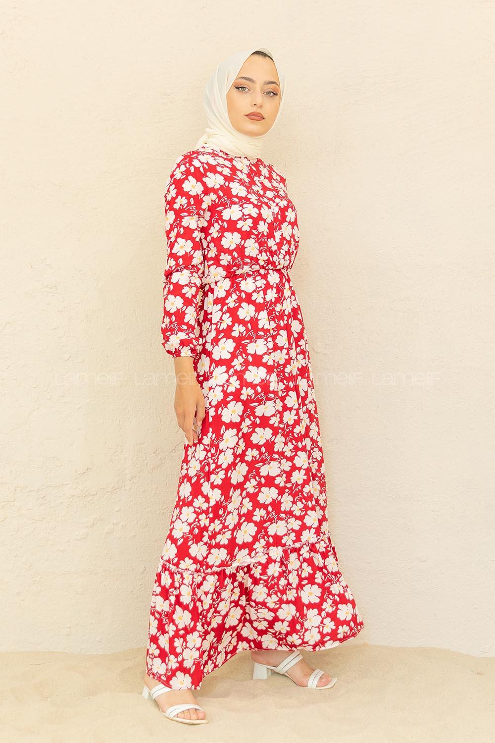 Modalamelif Papatya Desen  Elbise Ekru Kırmızı