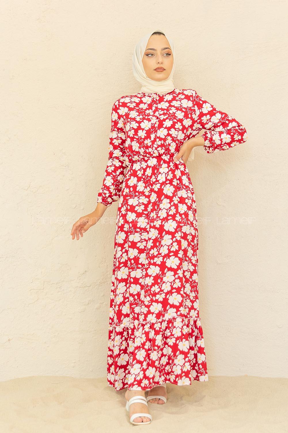 Modalamelif Papatya Desen  Elbise Ekru Kırmızı