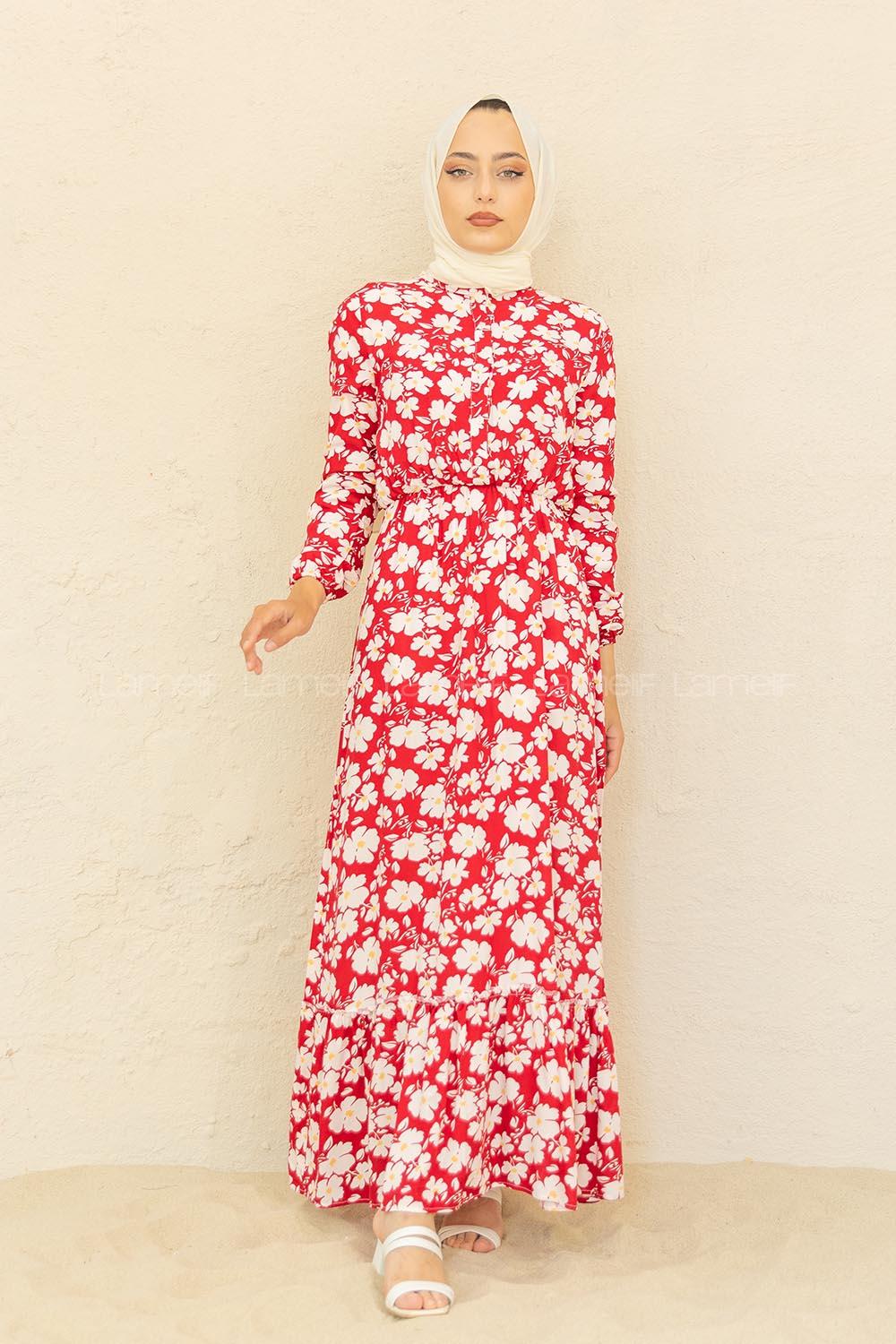 Modalamelif Papatya Desen  Elbise Ekru Kırmızı