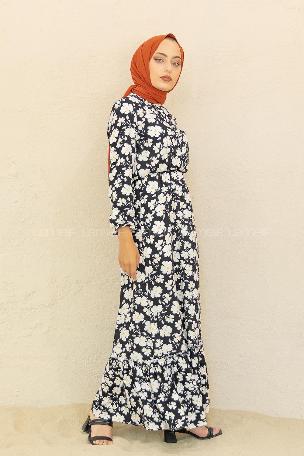 Modalamelif Papatya Desen  Elbise Siyah Hardal