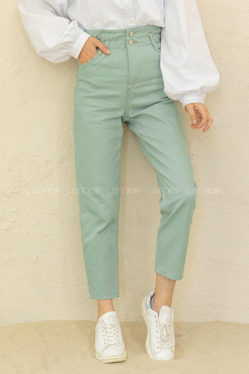 Modalamelif Beli  Lastikli Jean Mint Yeşili