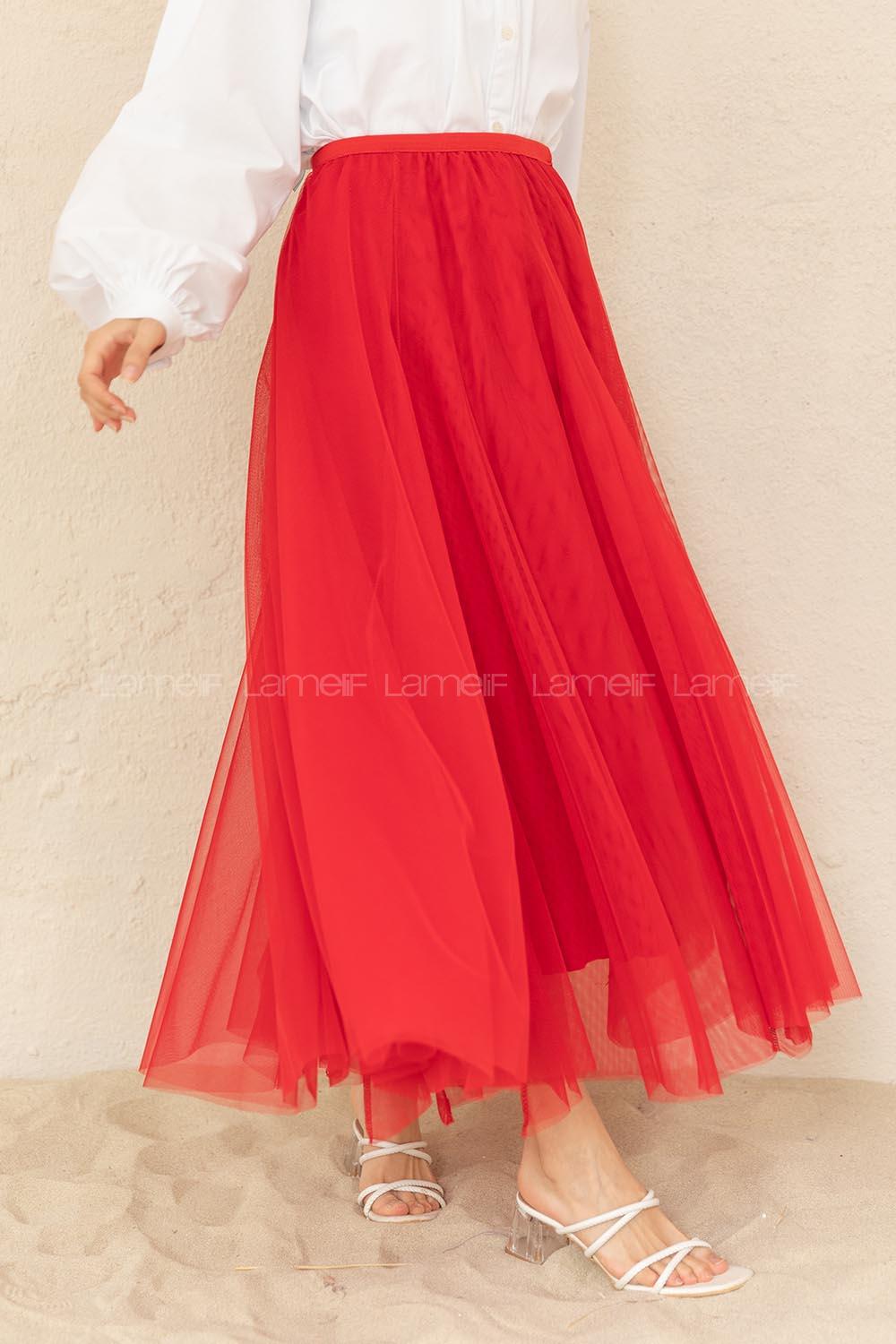 Modalamelif Beli Lastikli Tül Etek Kırmızı