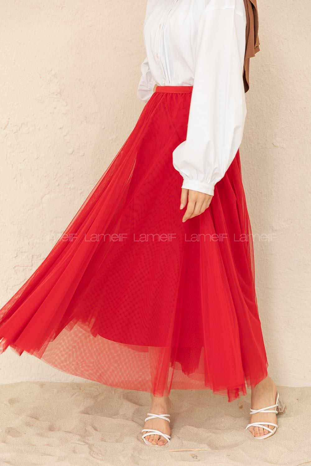 Modalamelif Beli Lastikli Tül Etek Kırmızı