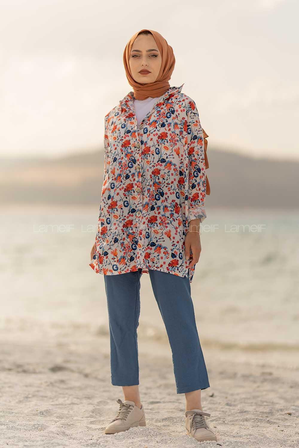 Modalamelif  Çiçek Desen Gömlek Ekru Mavi