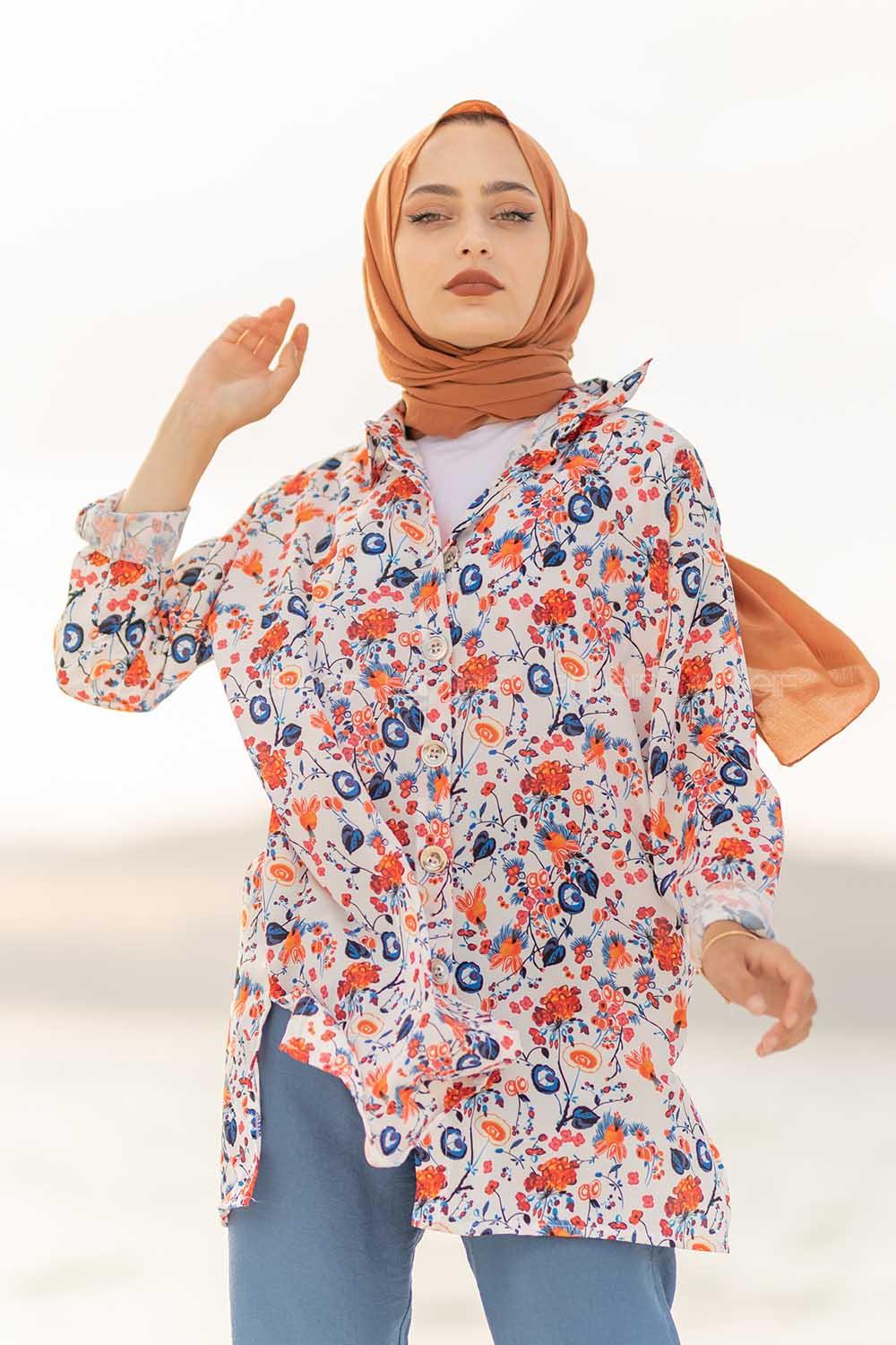 Modalamelif  Çiçek Desen Gömlek Ekru Mavi